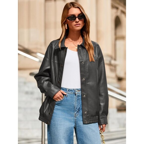 Women Oversized Faux Leather Gray Jacket Button Down Moto Bomber Winter Coat - Picture 3 of 6